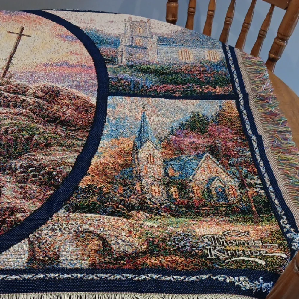 Scenic Tapestry Wall Hanging with Cross Design